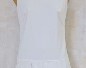 1960s,60s,top,peplum,mod,california made,summer,spring,office,cream,day wear,evening,top, pleated peplum blouse.