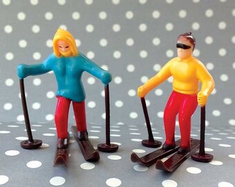 Happy Skiing Couples, 4 Miniature Plastic Skiers, Winter Cake Toppers