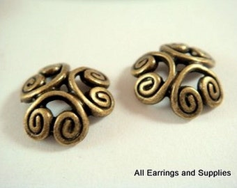 10 Bronze Bead Caps Flower Antique Tibetan Silver 12-13mm - 10 pc - F4110BC-AB10