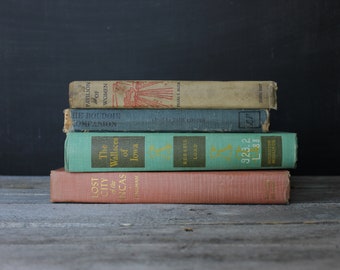 Set of 4 worn books, Vintage book stack set, Earthy tone book set, Worn antique books for shelf, Stack of old books, Neutral color books