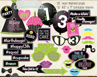 Photo Booth Props, HAPPY 13TH BIRTHDAY, girl, teen birthday party, glow, neon, black light, printable sheets, instant download, diy