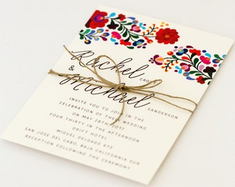 Floral Destination Wedding Invitations - Colorful Mexican Embroidery Inspired – Summer Wedding Invitation (Rachel Suite)