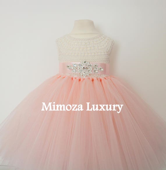 Blush Flower girl dress, blush peach tutu dress princess dress, blush wedding tulle dress, hand knit tutu dress in blush peach pale peach