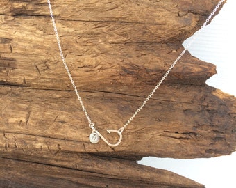 Personalized Fish Hook Necklace, Christian Jewelry, Religious Necklace, Fishing Jewelry, Sideways Fish Hook, Personalized Necklace