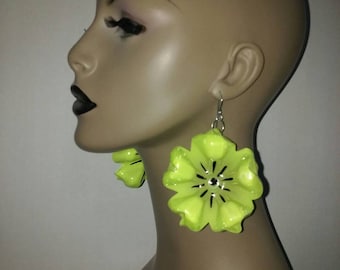 Uniquely Wacky Lime Green Flower Shape Plastic Large Earrings, Big Earrings, Womens Earrings, Handmade Earrings, Womens Jewelry