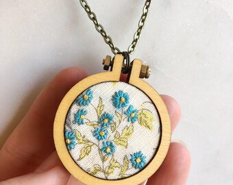 Blue Flower Embroidery Hoop Necklace Floral Pendant gift for her embroidered jewelry embroidered necklace