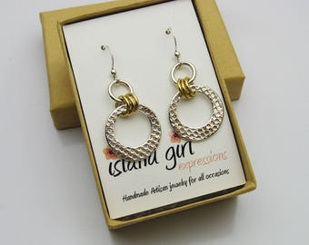 Handmade Sterling Silver and Gold Earrings, Mixed Metal Jewelry, Mixed Metal Earrings, Gold and Silver Earrings, Long Dangle Earrings