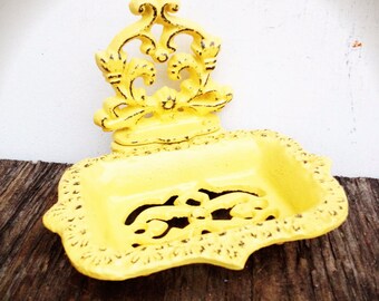 Farmhouse Kitchen Storage / Rustic Yellow Soap or Sponge Dish / Rustic Kitchen Storage / Business Card Holder for Desk / Housewarming Gift