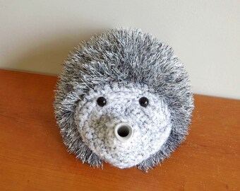 Silver hedgehog teapot cover, handmade tea cozy, crochet tea cosy, European hedgehog teapot cover uk, Lovely teapot cozy and hedgehog gift.
