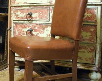 Antique Brown Leather Dining Side Chair with tacks, Vintage Accent Chair, Farmhouse Side Chair, Accent Chair, Rustic Cabin Chair