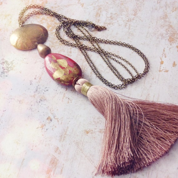 Blushing pink necklace,One-of-a-kind necklace,Boho chic necklace,Silk tassel necklace,Hand painted necklace,One-of-a-kind necklace