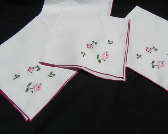 Vintage Linen Napkins White With Pink and Red Roses