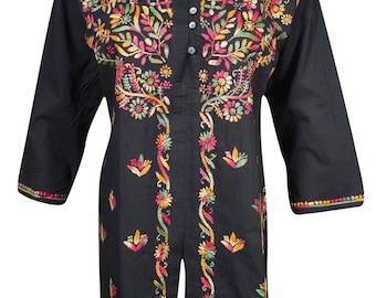 Womens Indian Tunic Shirt Cotton Black Button Front Chikankari Embroidered Blouse Top XL