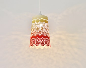 Ombre Pendant Light, Hanging Pendant Lighting Fixture, Metal Lace Shade In Red Orange Yellow Ombre, Modern BootsNGus Lamps and Home Decor