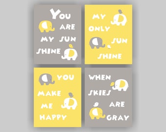 INSTANT DOWNLOAD Yellow and Gray Elephant Nursery Printable Set of 4, 8x10, Elephant and Bird, You Are My Sunshine, Baby Room wall art Decor