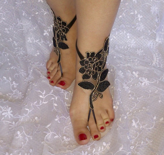 Black gold beach shoes, Unique design, lariat sandals, wedding bridal, bellydance, gothic, wedding shoes, summer wear, gothic bridal sandals