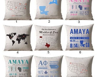 Custom Map Pillow, Locations Pillow, World Map Pillow cover, Travel Pillow, Going Away Gift, Housewarming Gift, Long Distance Relationship