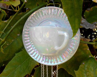 Recycled Glass Art, Glass Wind Chime with Vintage Federal Moonglow Tea Cup Windchime, Antique Home Decor, Glass Yard Art, Hostess Gift