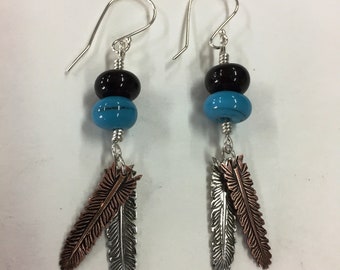 Southwest style earrings made with sterling silver, copper and handmade (lampworked) glass beads.