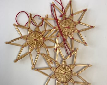 Swedish Straw 9 Point Star Christmas Ornaments Set of 3