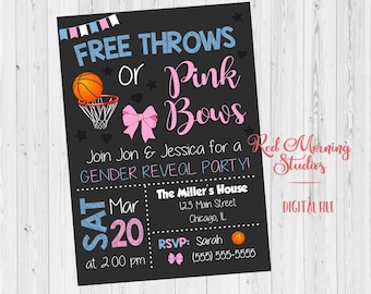 Free Throws or Pink Bows Invitation. PRINTABLE. Basketball or Bows Gender Reveal Invitation. Basketball or Bows baby shower. invite digital