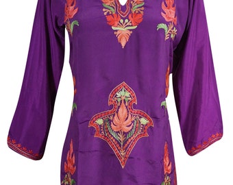 Boho Chic Womens Purple Tunic Top Floral Embroidered Silk Shirt Blouse Small