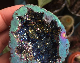 Rainbow Aura Flame Geode #1 | Angel Aura | Titanium Electroplated Agate | Spiritual Junkies | Reiki Love Infused| Crystal Healing | Gemstone