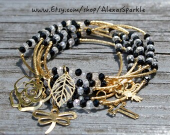 Black and clear crystal beaded charm bracelet set with gold plated charms- Semanario pulseras negro y cristal con dijes chapa de oro