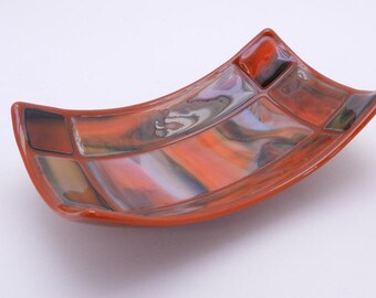 Rectangular Bowl, Oblong Bowl, Glass Bowl, Decorative Bowl, Orange and Green, Unique Shape, 7" x 4.5",