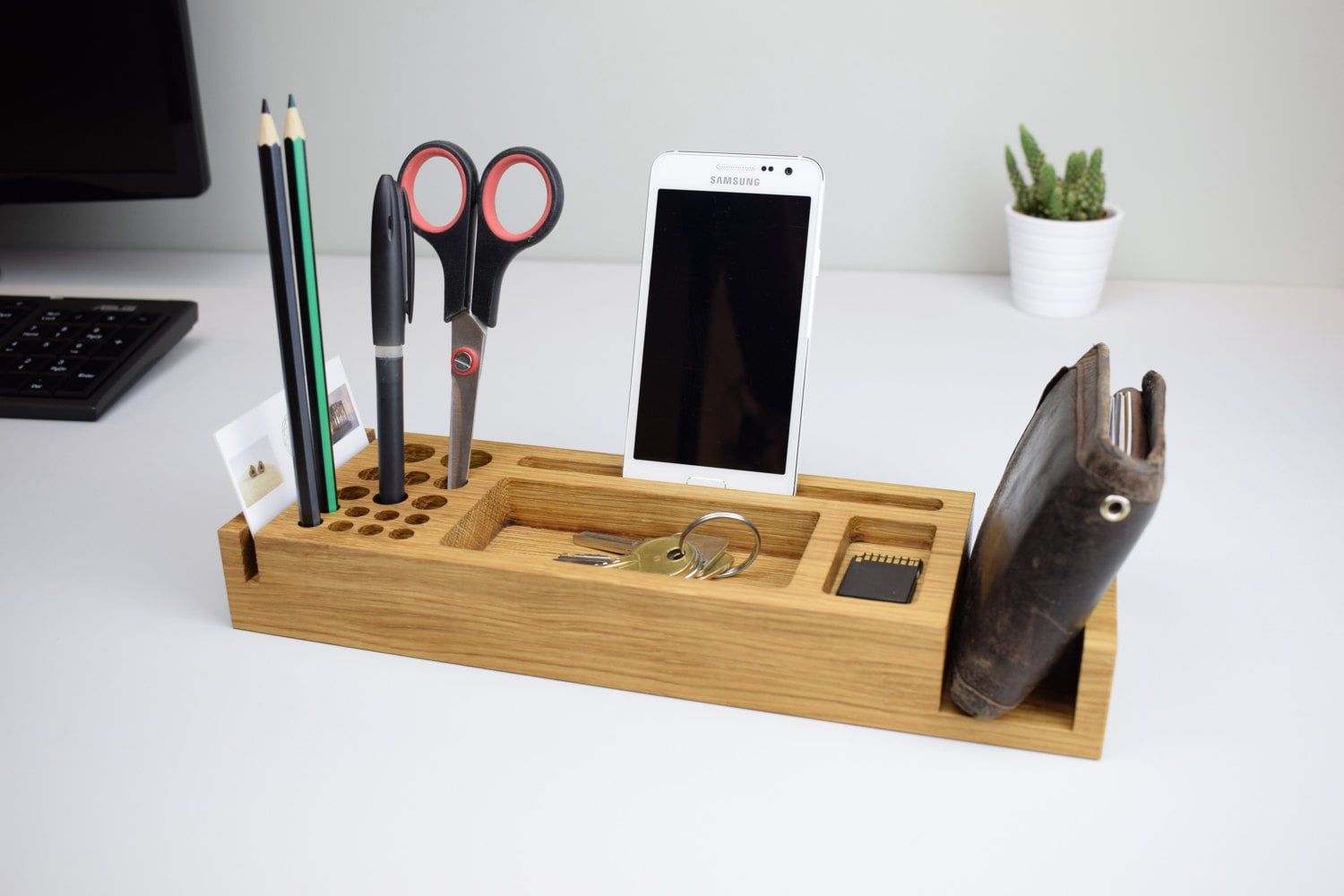 Wooden Desk Organizer Personalized Gift for Him Phone Stand