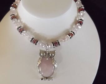 Pink Owl Pendant on Beaded Necklace