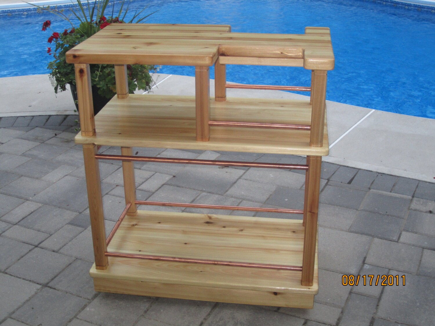 Portable Outdoor Cedar Wine Cart with Copper Accent for Patio