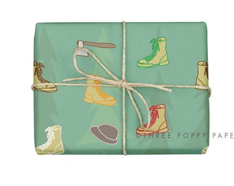 Christmas Wrapping Paper, Lumberjack Wrapping Paper, Boy Wrapping Paper, Wrapping Paper Sheets, Sheet Wrapping Paper, Boots and Hats, Glossy
