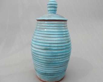 Ceramic Handmade Jar, Turquoise Wide Mouthed Ceramic Urn, Carved Lidded Canister