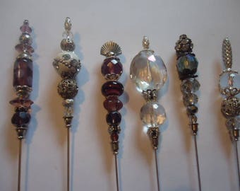 Glass Beaded Stick/Lapel/Hat/Scarf/Hijab/Shawl Pin-Silver Plated 6 Inch