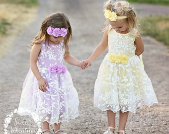 Girls dress, lace flower girl dress, yellow girls lace dress, easter dress, lavender lace dress, rustic flower girl dress, birthday dress