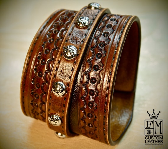 Custom Brown hand tooled leather cuff bracelet Cowboy Western style made for YOU in USA by Freddie Matara!