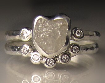 White Raw Diamond Engagement Ring, Rough Diamond Ring, Sterling Silver Hammered Engagement Set