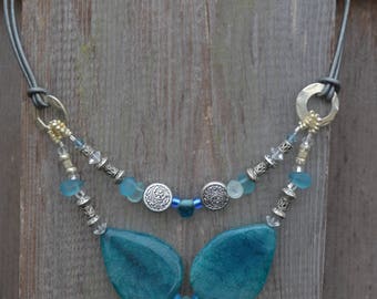 Blue agate, silver, glass and crystal 2 strand necklace