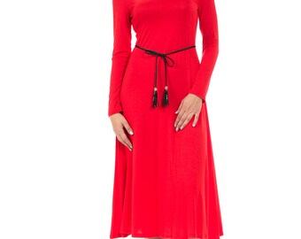 Long Sleeve A-Line Midi Dress with Braided Tassel Belt Red