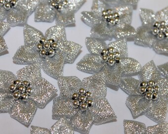 Poinsettia flower embellishment silver color lurex flower with silver pearl beads, Christmas flower lot of 6 shiny glitter Christmas flowers