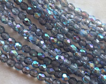 Lot of 50 3mm Montana Blue AB Czech glass beads, firepolished, faceted. round beads, C7401