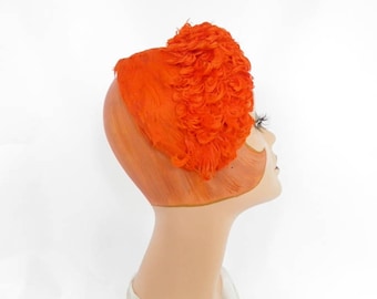 Orange feather hat, vintage 1950s halfhat, Jamica