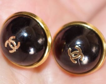 Gorgeous 14K GF Designer Look CC Logo Hand Made Large Onyx Lucite 15MM Stud Earrings CC