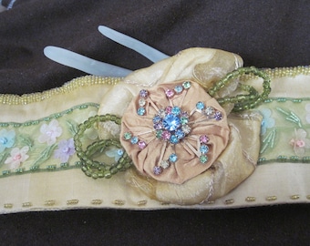 Handmade Fabric Cuff - Golden Garden silk bracelet with beads and vintage rhinestone brooch