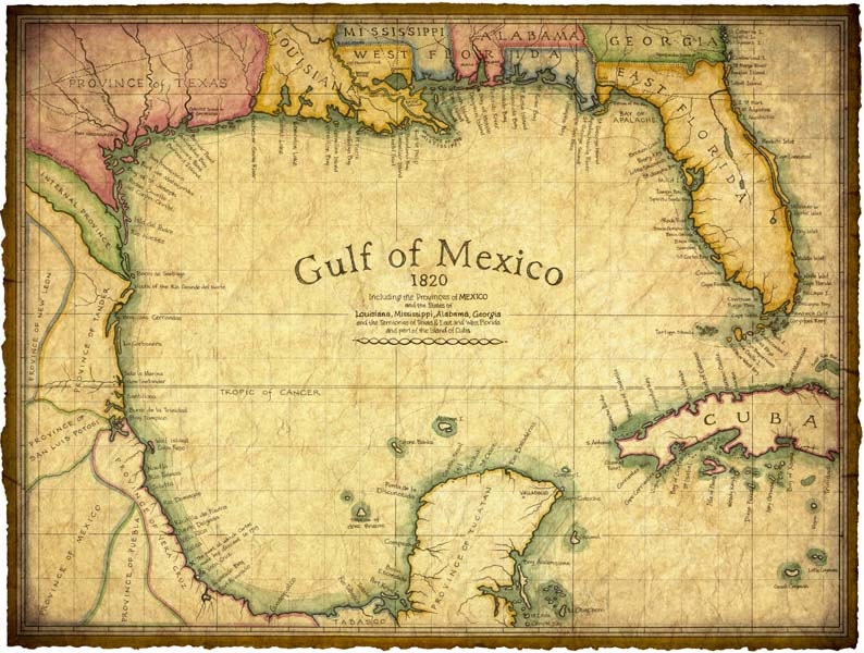 Gulf of Mexico Map Art c. 1820 14 x 19 Florida