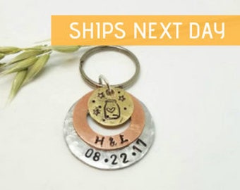 couples keychain, initials and date, layered keychain, custom keychain, personalized, anniversary gift, mixed metals keychain, textured