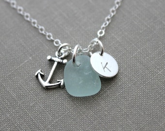 Genuine Sea Glass Jewelry, Sterling Silver Personalized Charm Necklace with Anchor, Seafoam Seaglass and Mini Initial Charm Beach Jewelry