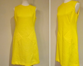 Vintage 60s Sunny Yellow Shift Dress with Sculptural Details Size M/L