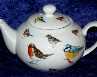 Garden Birds teapot - 2 cup or 6 cup teapot decorated allover with popular garden birds Robin, Bluetit.Thrush,Chaffinch